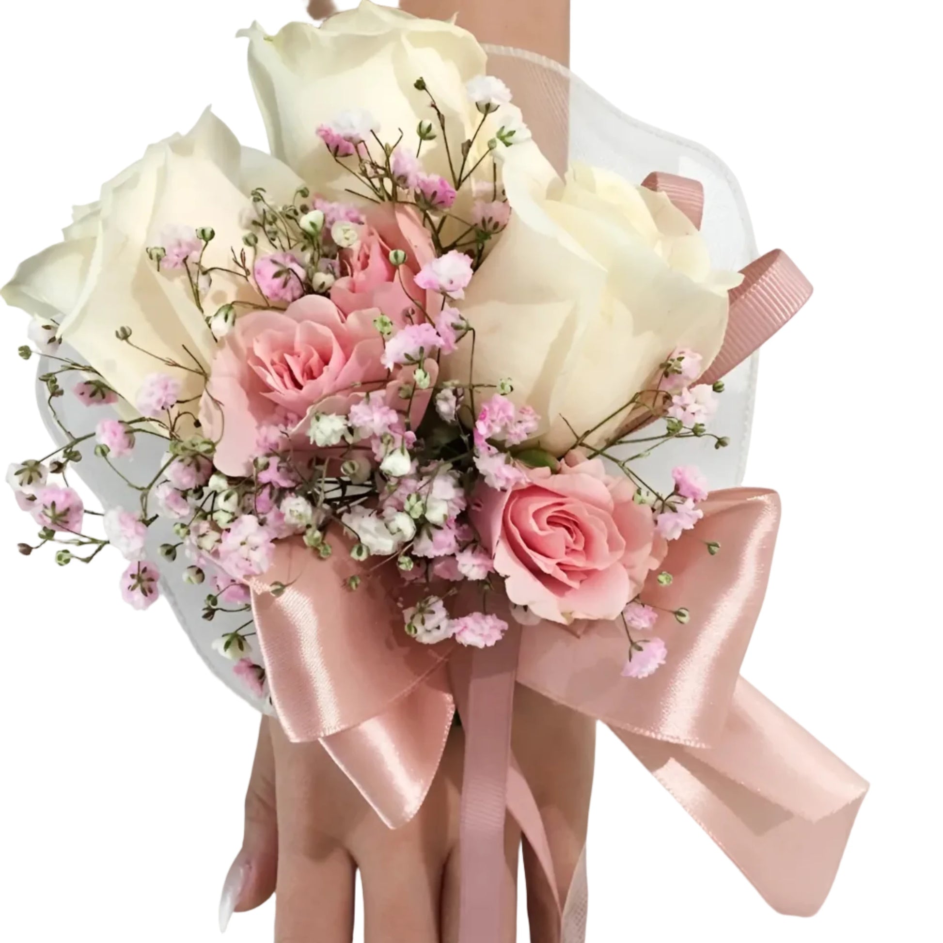 Floral corsage with pink and white flowers and ribbons on a white background