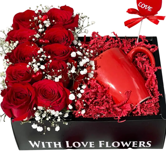 Dozen Red Roses with a red cup in a gift box