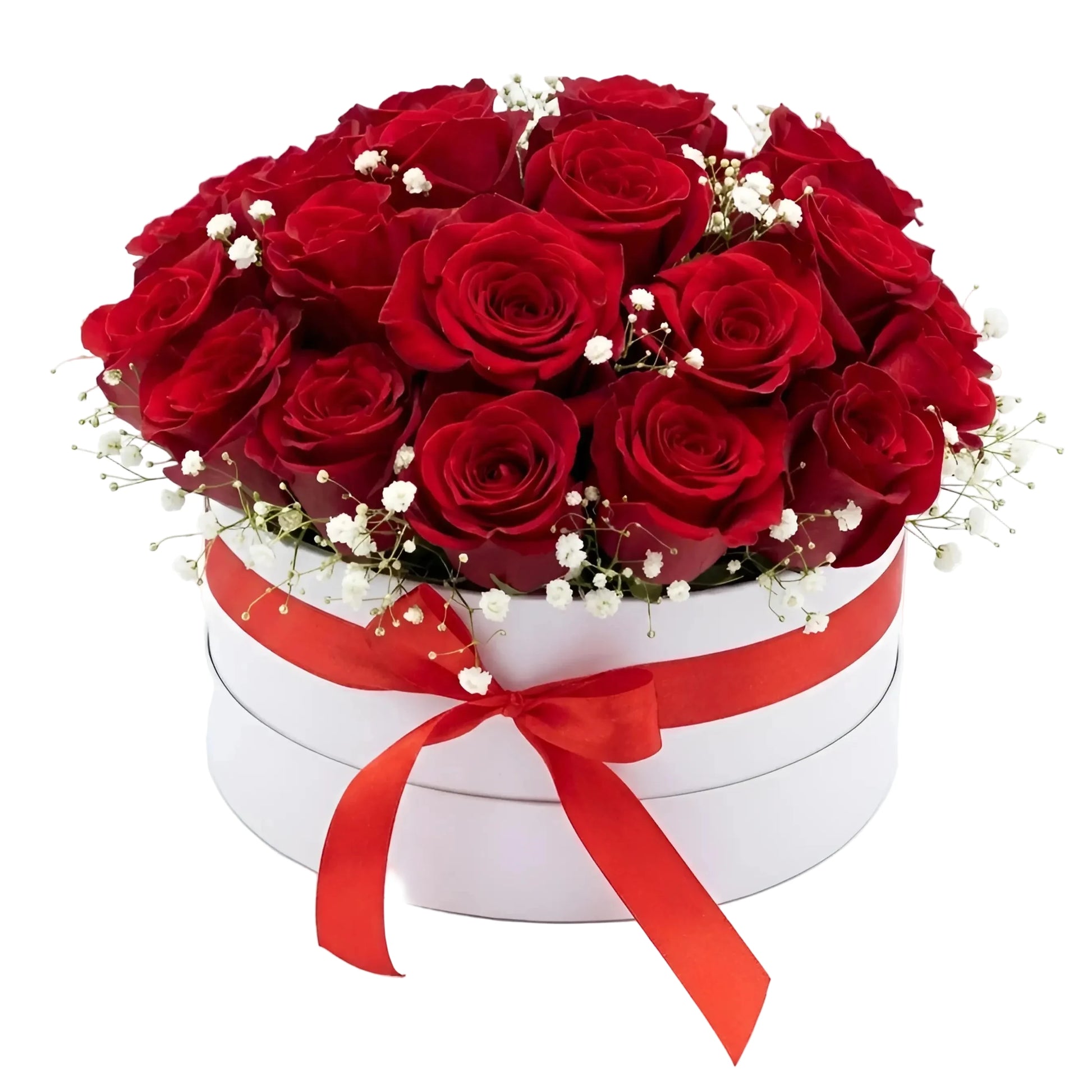 Bouquet of red roses in a white box with a red ribbon on a white background