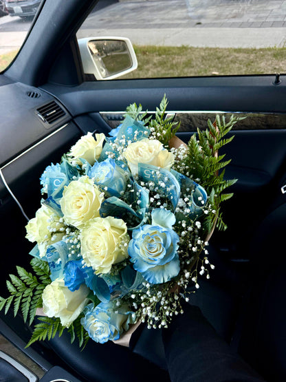 Dozen Rose Bouquet - White & Tinted Blue