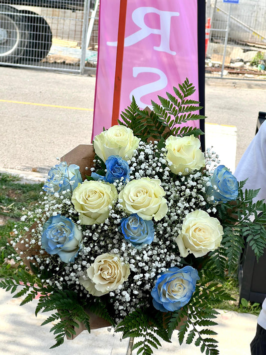 Dozen Rose Bouquet - White & Tinted Blue