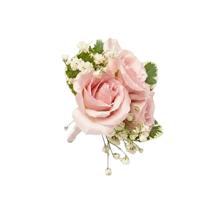 Floral Boutonniere arrangement with pink roses and greenery on a white background