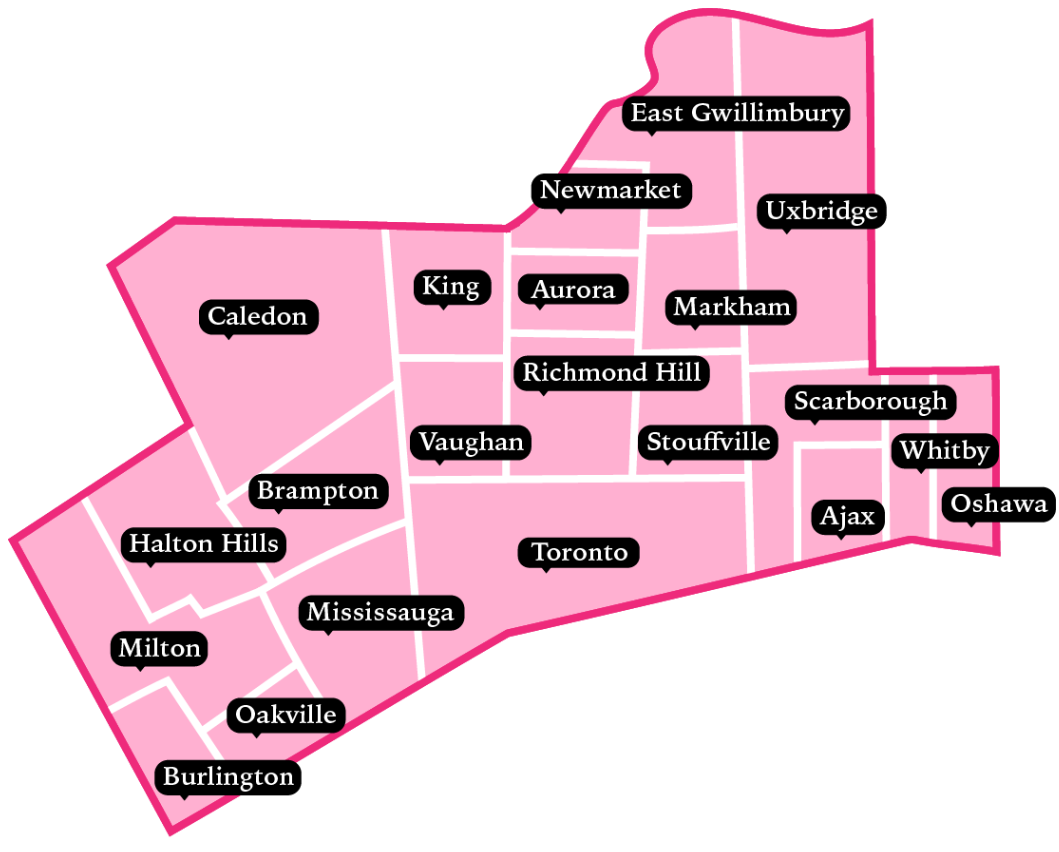A pink map outline of Toronto's outer municipalities and neighbourhoods, including East Gwillimbury, Newmarket, Uxbridge, Caledon, King City, Aurora, Markham, Richmond Hill, Scarborough, Ajax, Oshawa, Whitby, Milton, Oakville, Burlington, Mississauga, and Vaughan, with black labels on a white background.