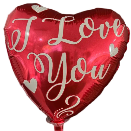 A red heart-shaped balloon with the white text 'I Love You' printed on it, adorned with small white hearts.